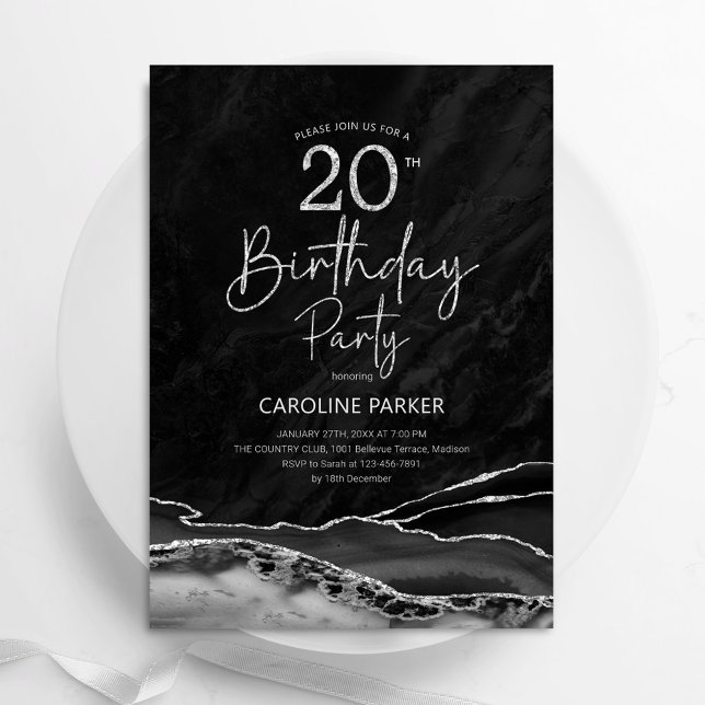 Agate Black Silver 20th Birthday Invitation (Creator Uploaded)