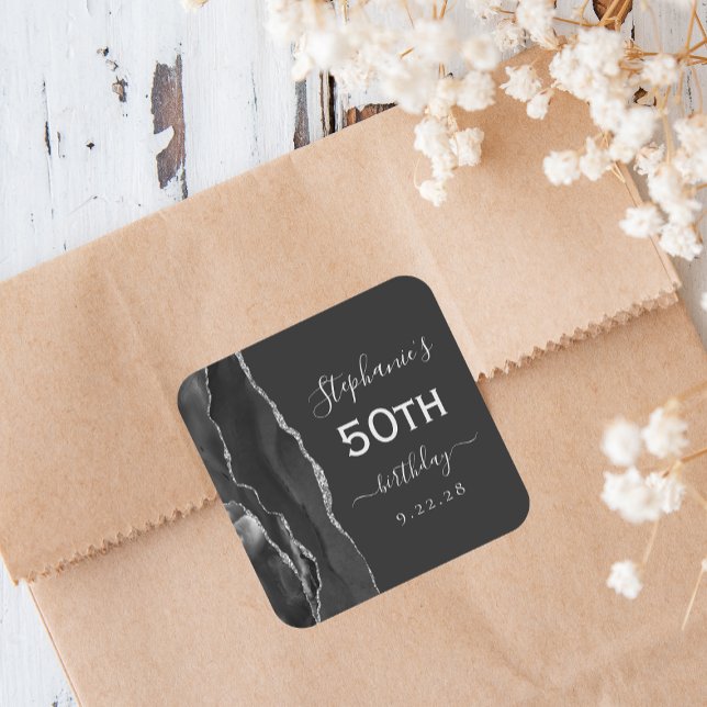 Agate Black Silver Dark 50th Birthday Square Sticker (Creator Uploaded)