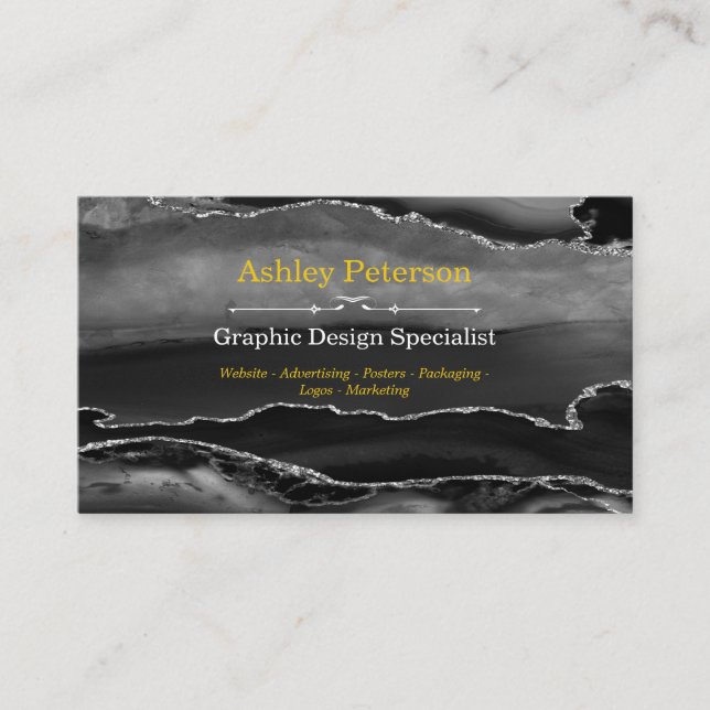 Agate Black & Silver Faux Glitter Business Card (Front)