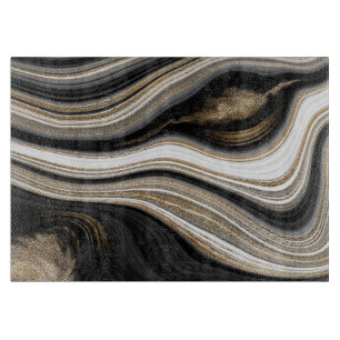 Agate Black white and gold fluid marble modern Cutting Board