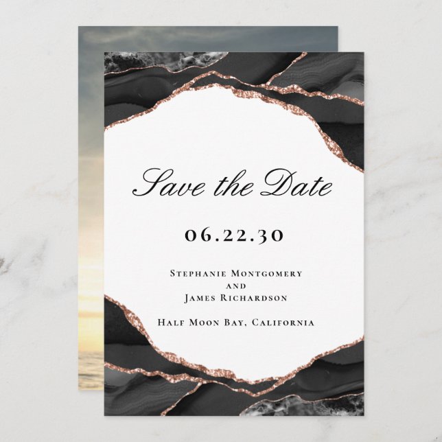Agate Black White Rose Gold Foil Wedding Photo Save The Date (Front/Back)