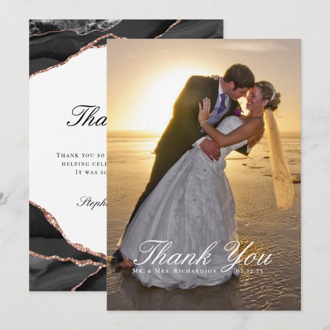 Agate Black White Rose Gold Foil Wedding Photo Thank You Card (Front/Back)