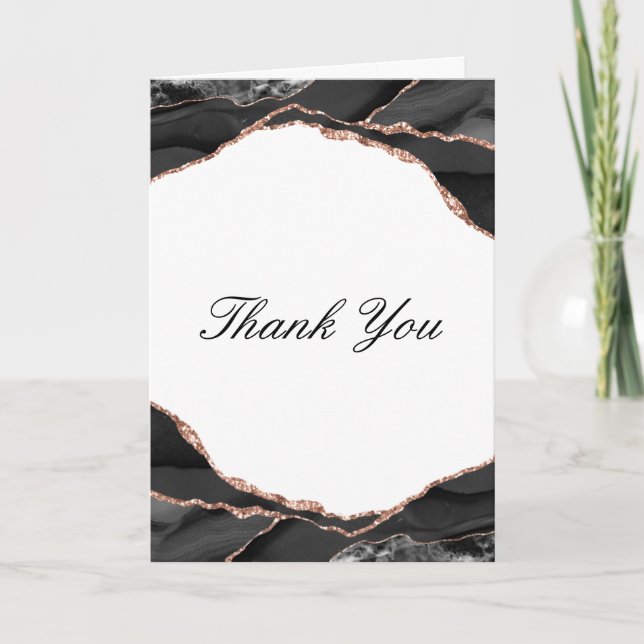 Agate Black White Rose Gold Foil Wedding Photo Thank You Card (Front)