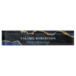 Agate Blue and Gold Office  Desk Name Plate