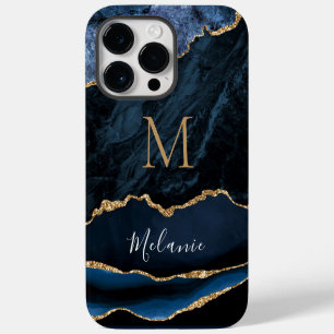 Agate Blue Gold Glitter Marble Custom Name Letter iPhone 14 Pro Max Case