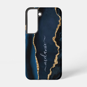 Agate Blue Gold Glitter Marble Custom Your Name Samsung Galaxy Case