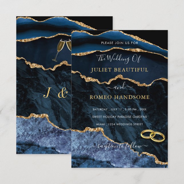 Agate Blue Gold Glitter Marble Wedding Invitation (Front/Back)