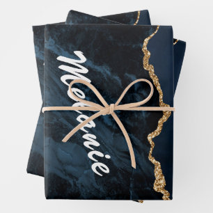 Agate Blue Gold Glitter Name Wrapping Paper Sheets