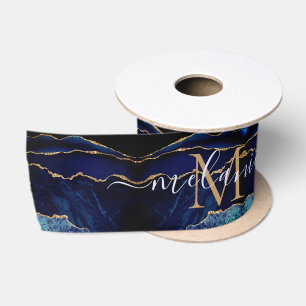 Agate Blue Gold Marble Custom Letter Name Ribbon Satin Ribbon
