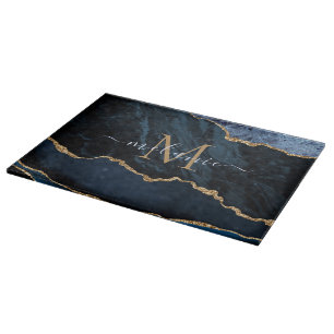 Agate Blue Gold Marble Custom Name Cutting Board