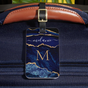 Agate Blue Gold Marble Name Letter Luggage Tag