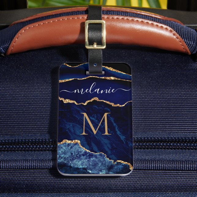 Agate Blue Gold Marble Name Letter Luggage Tag (Front Insitu 2)
