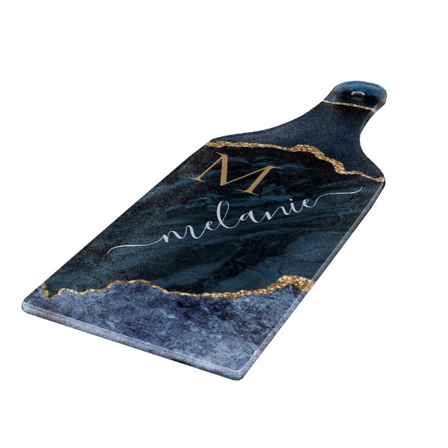 Agate Blue Gold Marble Personalised Cutting Board (Corner)
