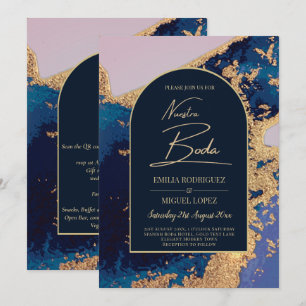 Agate Blue Gold Nuestra Boda Spanish Wedding LeahG Invitation