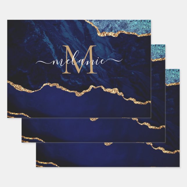 Agate Blue Gold Your Name Letter Wrapping Paper (Set)