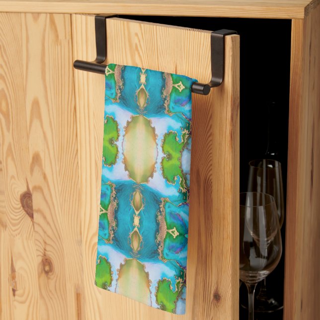 Agate Blue Green Gold Watercolor Tea Towel (Thirds Fold)