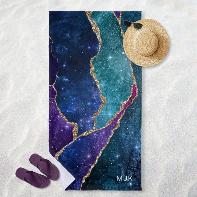 Agate Blue Purple Aqua Gold Veins Monogram Beach Towel (Agate Blue Purple Aqua Gold Veins Monogram Beach Towel)