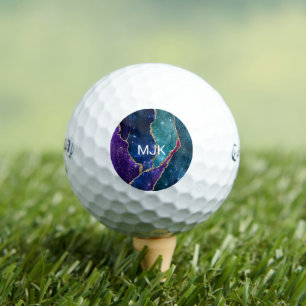 Agate Blue Purple Aqua Gold Veins Monogram Golf Balls
