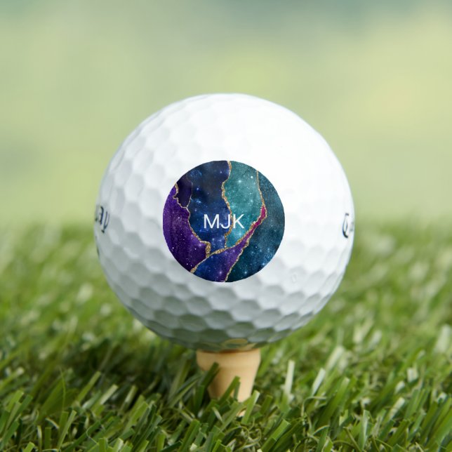 Agate Blue Purple Aqua Gold Veins Monogram Golf Balls (Insitu Tee)
