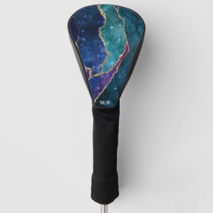 Agate Blue Purple Aqua Gold Veins Monogram Golf Head Cover