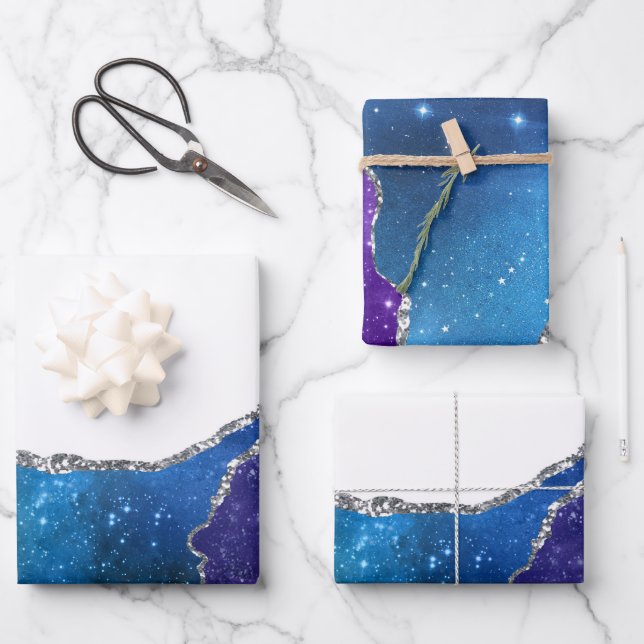 Agate Blue Purple Pink Silver Glitter Fancy Pretty Wrapping Paper Sheet (Front)