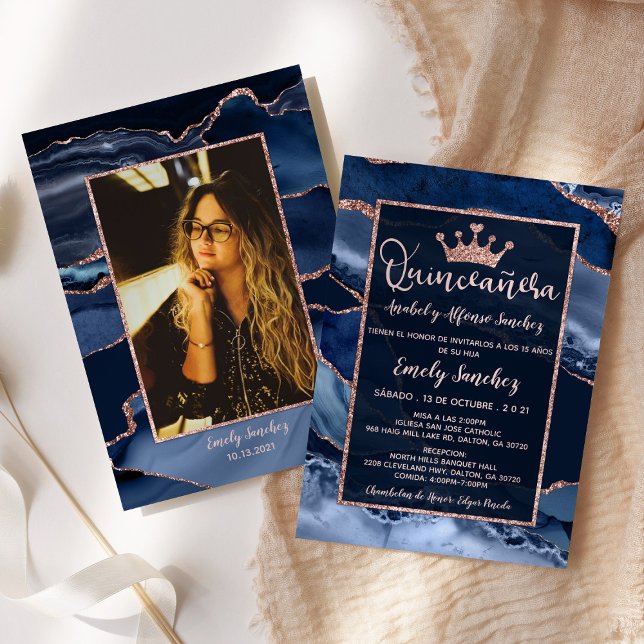 Agate Blue Rose Gold Quinceañera Photo Spanish Invitation (Creator Uploaded)