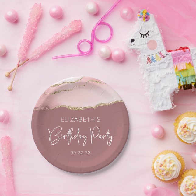 Agate Blush Gold Dusty Rose Birthday Party Paper Plate (Party)