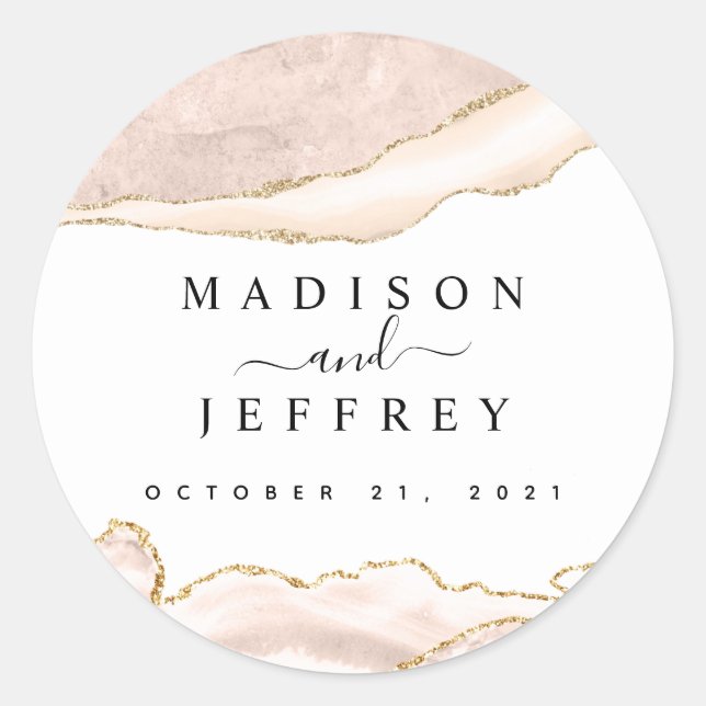 Agate Blush & Gold Glitter Wedding Classic Round Sticker (Front)