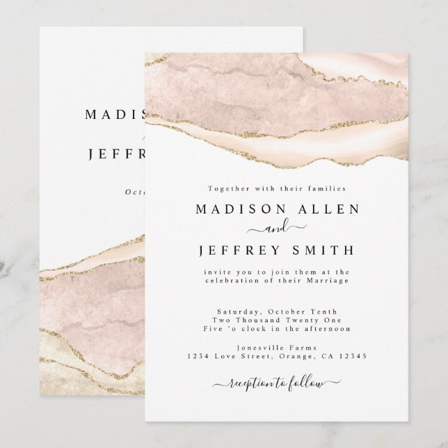 Agate Blush & Gold Glitter Wedding Invitation (Front/Back)