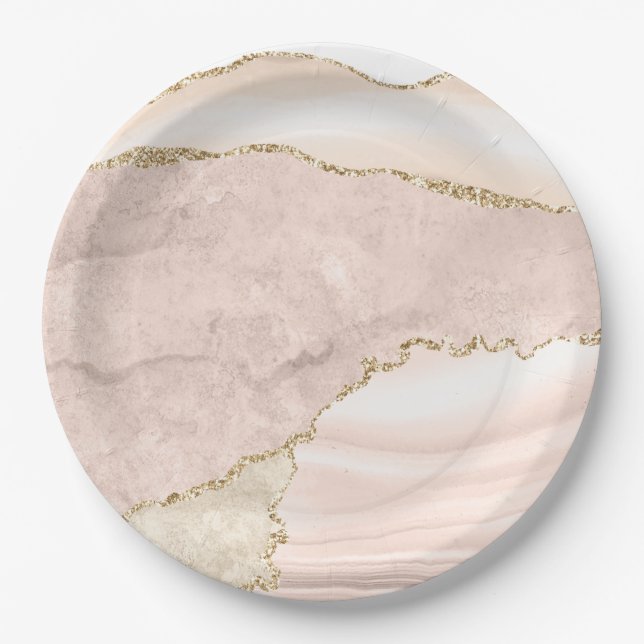 Agate Blush & Gold Glitter Wedding Paper Plate (Front)