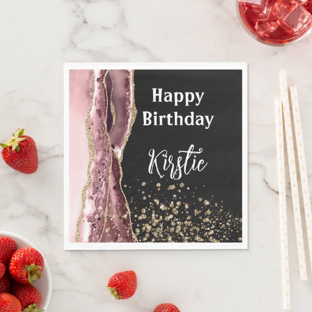 Agate Blush Pink Black Rose Gold Glitter Birthday Napkin (Insitu)