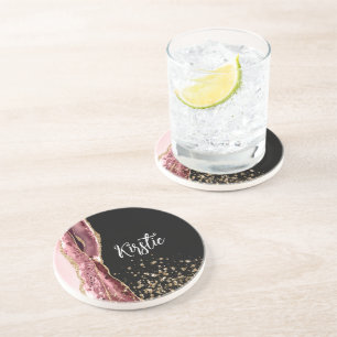 Agate Blush Pink Black Rose Gold Glitter Coaster