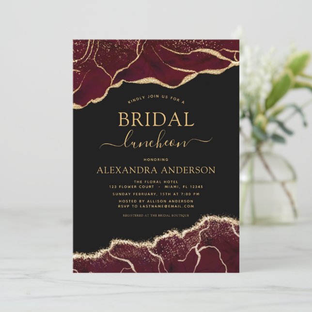 Agate Burgundy Bridal Shower Luncheon Gold Invitat Invitation (Standing Front)