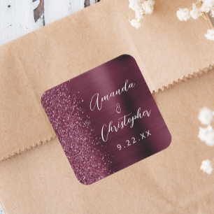 Agate Burgundy Glitter Script Wedding Square Sticker