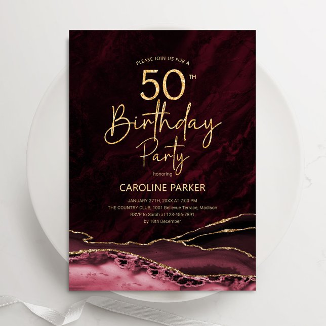 Agate Burgundy Gold 50th Birthday Invitation (Creator Uploaded)