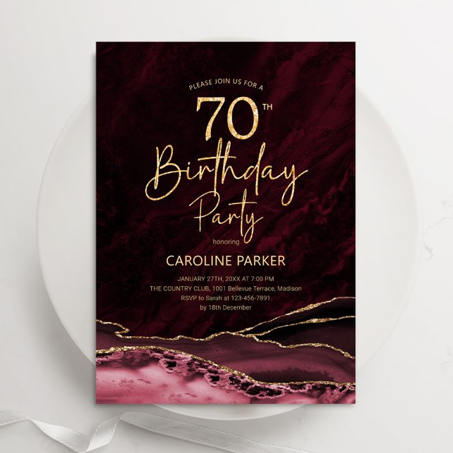 Agate Burgundy Gold 70th Birthday Invitation (Creator Uploaded)