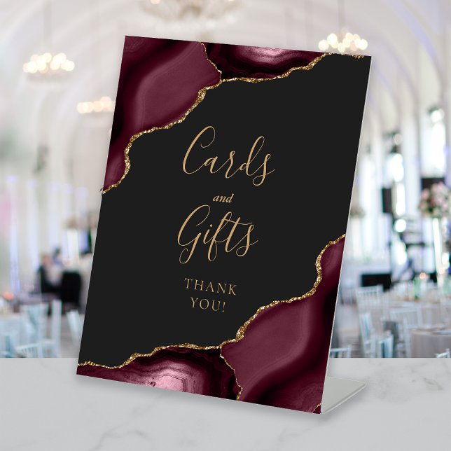 Agate Burgundy Gold Dark Wedding Cards and Gifts Pedestal Sign (Creator Uploaded)