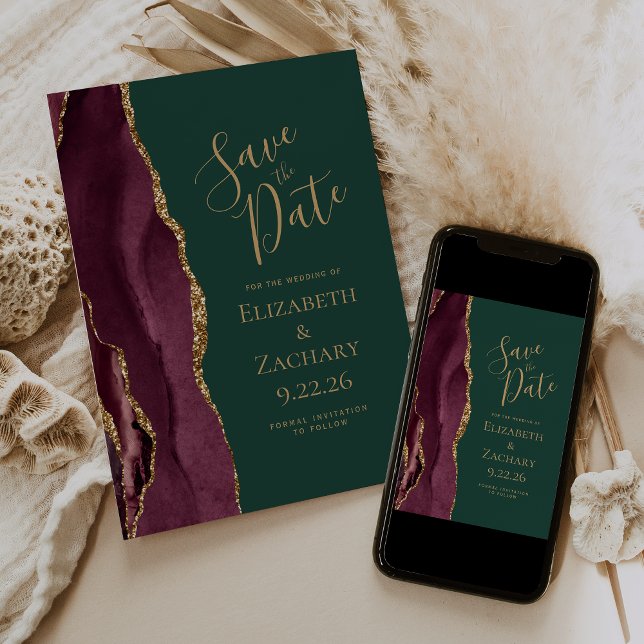 Agate Burgundy Gold Emerald Green Save the Date Announcement (Creator Uploaded)
