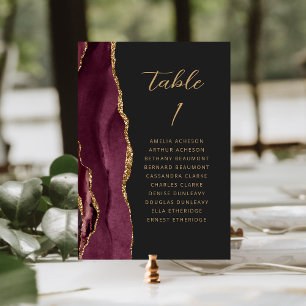 Agate Burgundy Gold Modern Script Dark Wedding Table Number