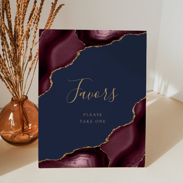 Agate Burgundy Gold Navy Blue Wedding Favours Pedestal Sign (Creator Uploaded)
