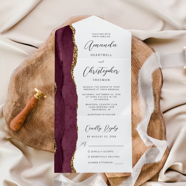 Agate Burgundy Gold Script All In One Invitation (Creator Uploaded)