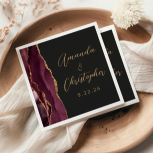 Agate Burgundy Gold Script Dark Wedding Napkin