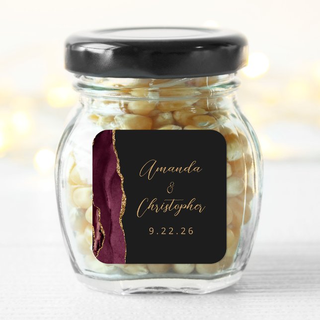 Agate Burgundy Gold Script Dark Wedding Square Sticker (Creator Uploaded)