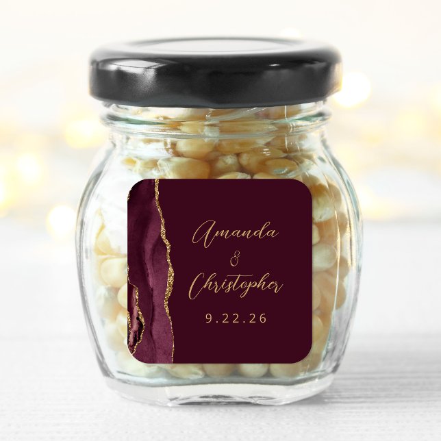 Agate Burgundy Gold Script Wedding Square Sticker (Creator Uploaded)