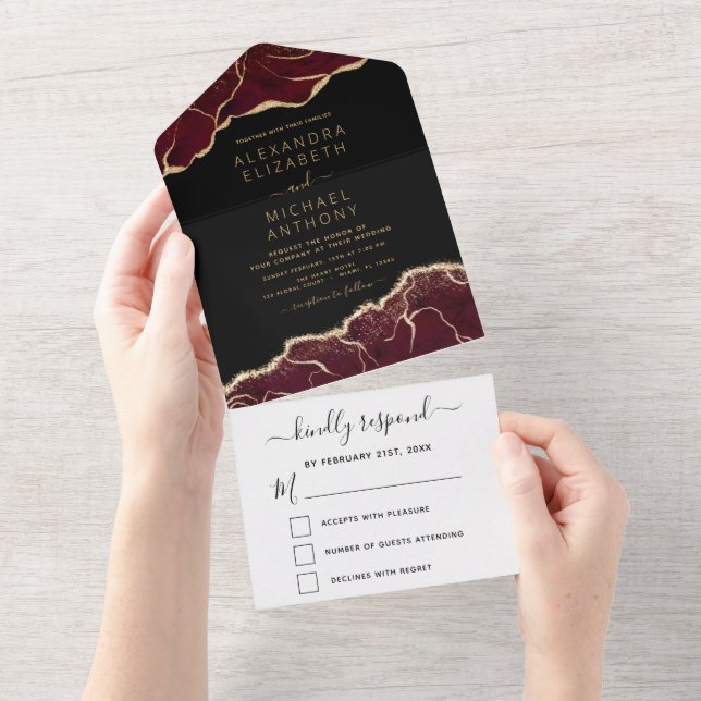 Agate Burgundy Gold Wedding Elegant Modern  All In One Invitation (Tearaway)