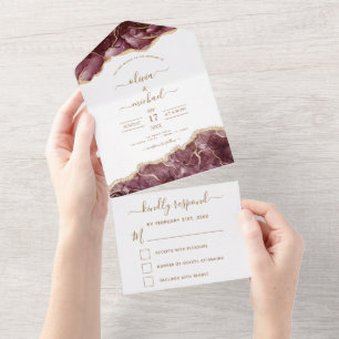 Agate Burgundy Gold Wedding Elegant Modern RSVP All In One Invitation