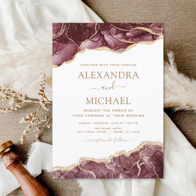 Agate Burgundy Gold Wedding Invitation (Creator Uploaded)