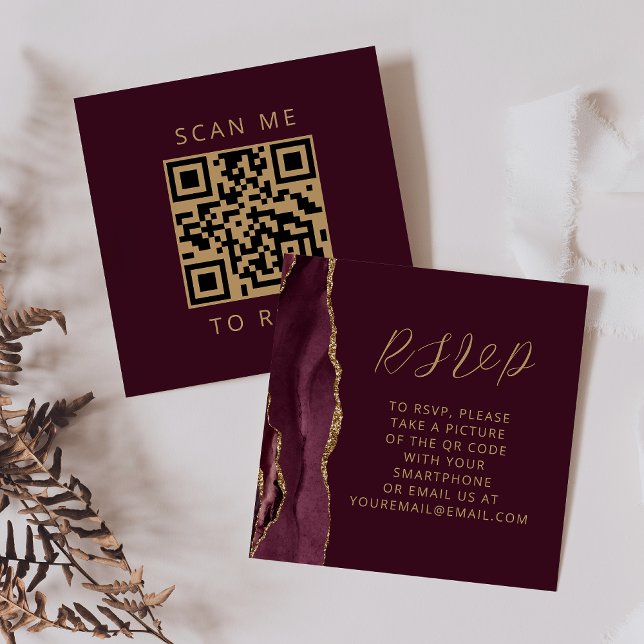 Agate Burgundy Gold Wedding QR Code RSVP Enclosure Card (Creator Uploaded)