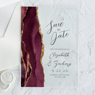 Agate Burgundy Gold Wedding Save the Date Acrylic Invitations