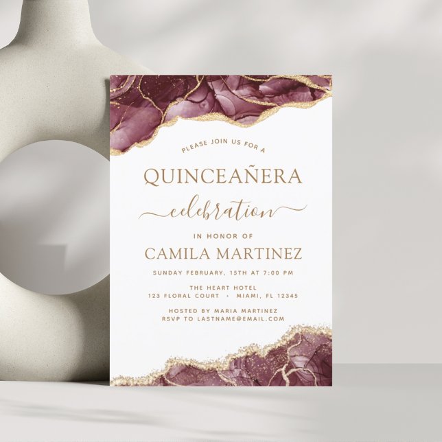 Agate Burgundy Quinceañera Gold 15th Birthday Invi Invitation (Creator Uploaded)